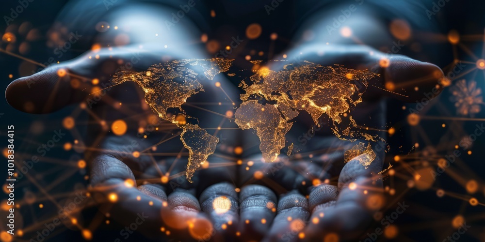 Poster hands presenting a glowing digital world map with network connections and technology links
