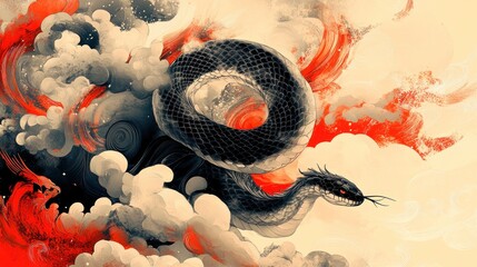 A black snake with red eyes, curled up in a swirl of red and gray smoke, creating a dynamic and abstract image.