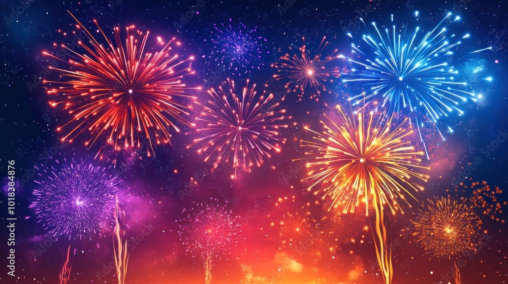Poster vibrant fireworks explode in the night sky, creating a dazzling display of color and light.