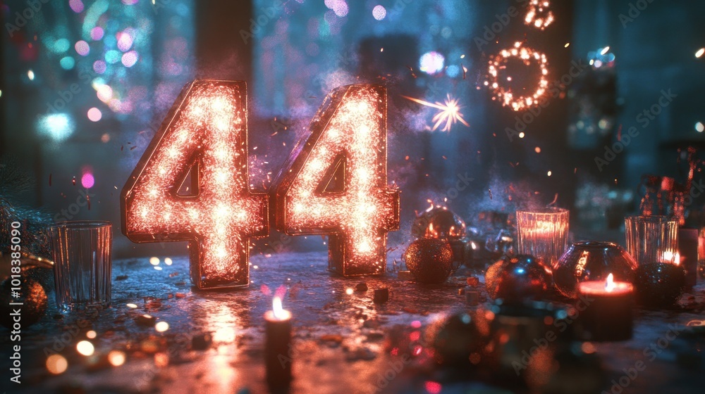 Poster the number 44 is formed from sparkling lights on a table with candles and ornaments.