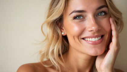 model with blonde hair, reflecting natural skincare