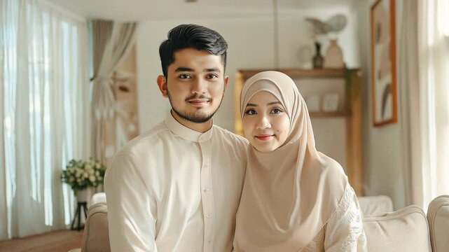 Beautiful Muslim couple. A man and woman are sitting on a couch, smiling at the camera. Scene is happy and loving