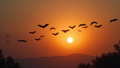 Fototapeta premium A flock of bats flying in the sky above a sunset