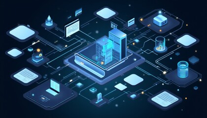 A computer network is shown in a blue and white color scheme