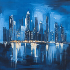 A dynamic and vibrant depiction of a futuristic city bathed in neon blue lights. The image captures the essence of a cyberpunk world with towering skyscrapers and glowing streets below.
