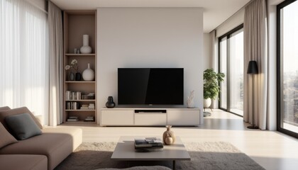 A living room with a large flat screen TV and a potted plant