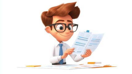 Cute cartoon data analyst character with glasses, looking at data sheets, isolated on white