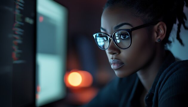 Dimly lit office showcases African American female developer working on cybersecurity.