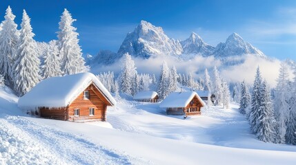 Fototapeta premium Snowy mountain cabins nestled in a winter wonderland with tall snow-covered trees and majestic mountains in the background.