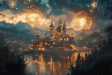 Naklejka premium A majestic castle is illuminated by fireworks, reflecting in a calm lake, surrounded by snow-capped mountains and pine trees.