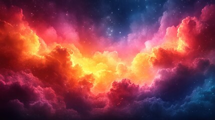 A celestial dreamscape where vibrant clouds of pink, red, yellow, and blue blend seamlessly with a scattering of distant stars.