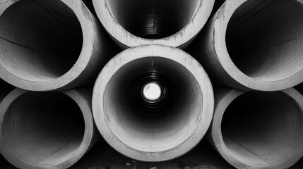 Stack of concrete ring pipes arranged symmetrically, demonstrating industrial construction materials