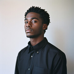 Obraz premium Portrait of a young black man wearing a black button down shirt.