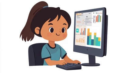 Cute data analyst cartoon character with a computer, looking at charts, isolated on white