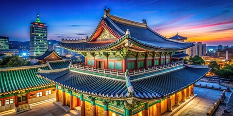 Fototapeta premium Nighttime shot colorful roof structure Temple Seoul Korea strong contrast dark blue night sky
