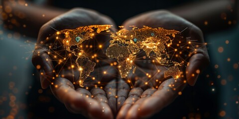 Hands holding a glowing digital world map with network connections and data points