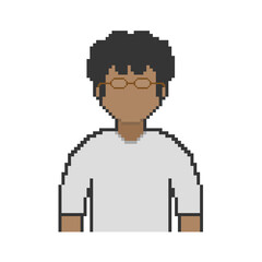 Black man with glasses, pixel art, white clothes