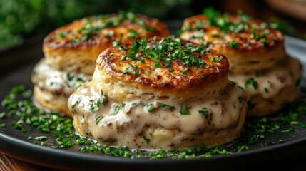 Golden Brown Biscuits with Creamy Filling and Fresh Herbs