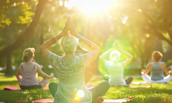 Sunrise Yoga: A group of diverse individuals find serenity and connection as they practice yoga outdoors, bathed in the golden light of a beautiful sunrise.  