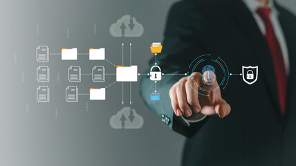 Business people use hand scanning, document management, online document databases and digital file storage systems, or database technology software to record file access, share documents.