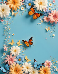 butterflies and flowers, blue background
