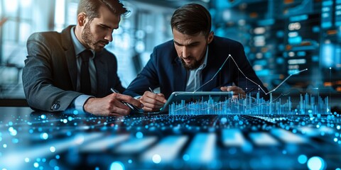 Two businessmen analyzing digital financial data on a futuristic interface in a modern office
