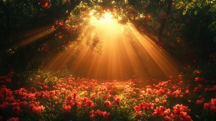 Golden rays of sunlight pierce through the canopy of a lush forest, illuminating a vibrant carpet of red flowers