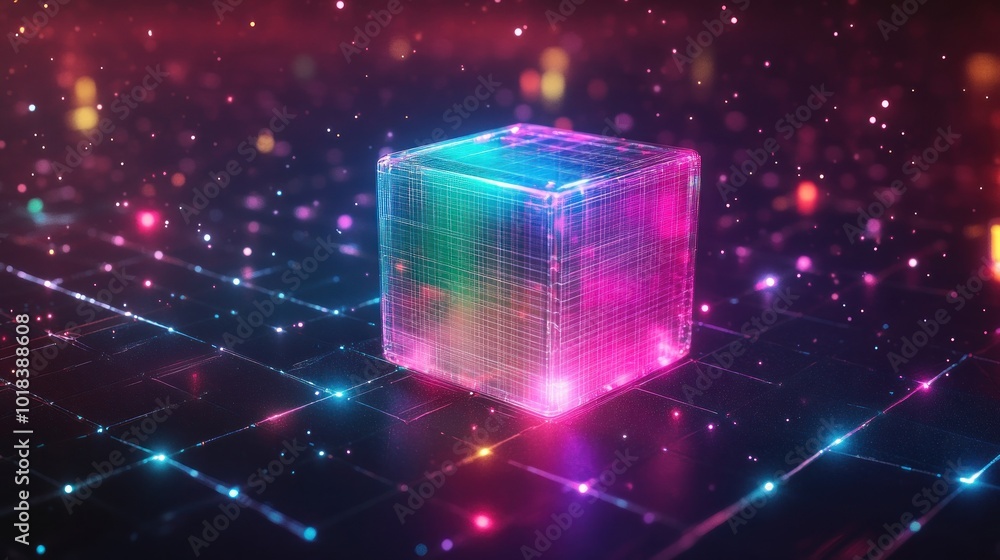 Poster futuristic digital neon cube on a dark grid with glowing particle technology. ai generated images
