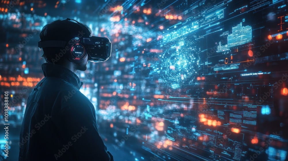 Poster a person wearing a vr headset and looking at a futuristic interface with digital data and a holograp