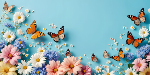 butterflies and flowers, blue background