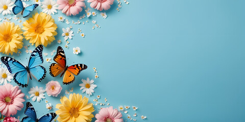 butterflies and flowers, blue background
