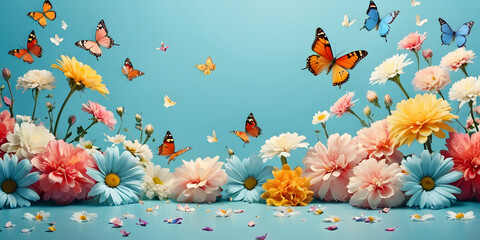 butterflies and flowers, blue background