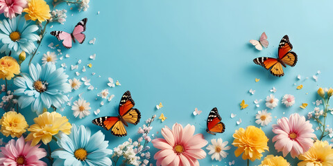 butterflies and flowers, blue background