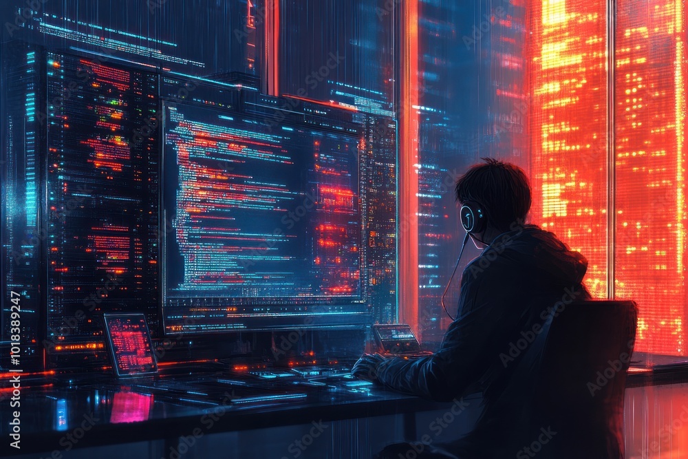 Poster a hacker sits in front of a computer with a large monitor displaying code, working late at night in 