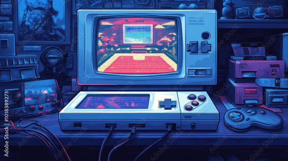 Poster a retro gaming setup with a crt monitor, game consoles, and controllers on a desk in a dimly lit roo