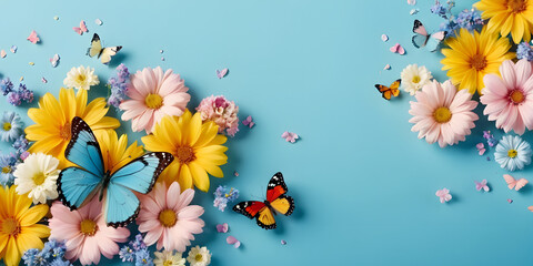 butterflies and flowers, blue background