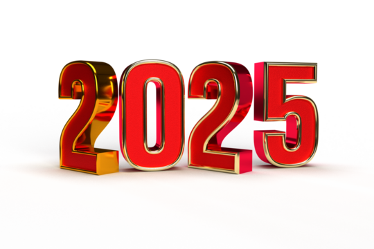 Happy new year 2025 golden 3d numbers with luxury text transparent background	