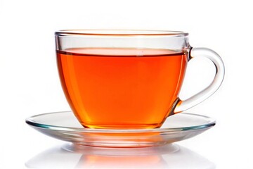 A clear glass cup of  tea on a white saucer, isolated on a bright white background.