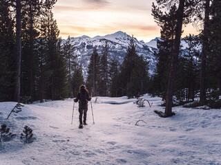 Hiker with snowshoes trekking through snowy mountain forest at sunset