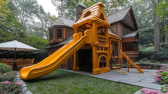 Play Area with Slide in Family Backyard Setting