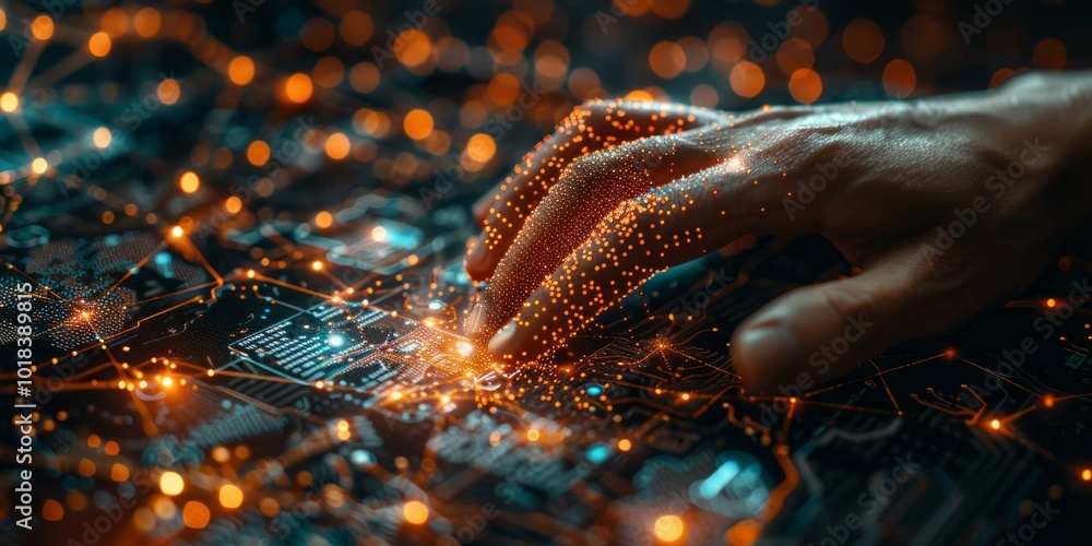 Aufkleber hand interacting with a glowing digital circuit board featuring vibrant lights and complex patterns