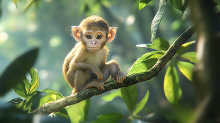Fototapeta premium A Charming Little Monkey Curiously Observing Its Lush Greenery Surroundings from Its Branch Perch Under Gentle Sunlight