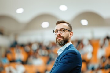 Confident speaker in a blue suit standing in front of a blurred audience in a lecture hall
