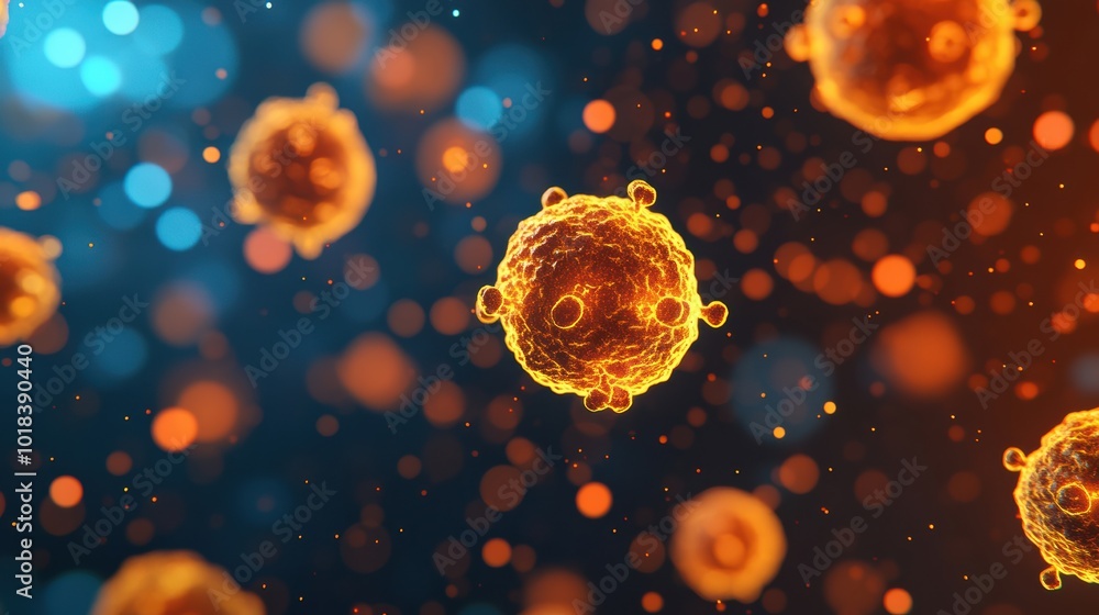 Poster close-up view of illuminated cells with vibrant colors, showcasing the intricate structures and dyna