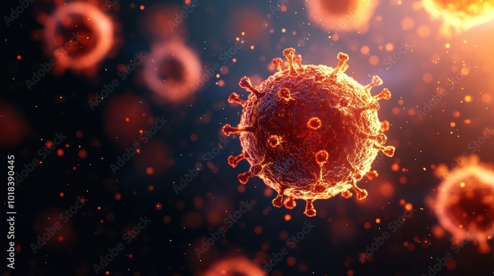 Poster microscopic view of a virus showcasing intricate structures and vibrant colors, highlighting the com