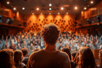 A student council meeting, formal presentation event, students in serious debate
