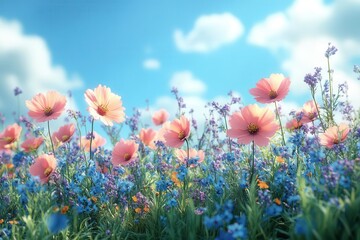 Fototapeta premium idyllic spring meadow with soft focus wildflowers in the foreground and a gradient from vivid blue sky to lush green grass warm sunlight bathes the scene