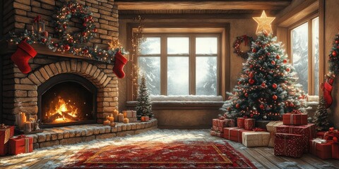 Fototapeta premium A cozy winter scene with a crackling fireplace, a decorated Christmas tree, and a view of a snowy landscape through the window