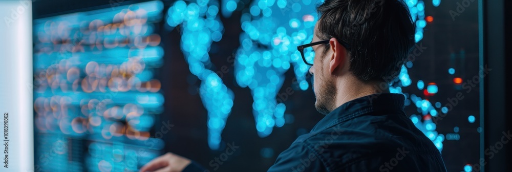 Aufkleber it professional analyzing global data on digital screens with blue bokeh effect in the background
