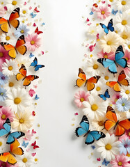 colorful flowers and butterflies on a white background